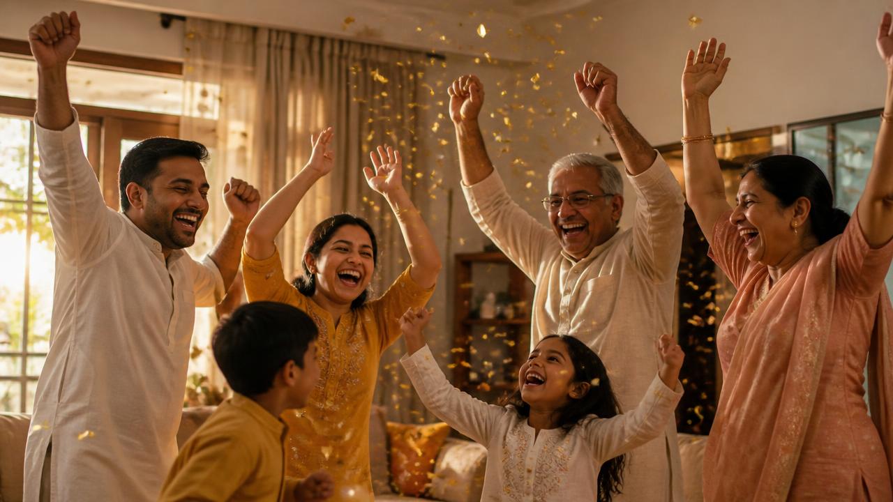 An Indian family celebrating their lottery win at home
